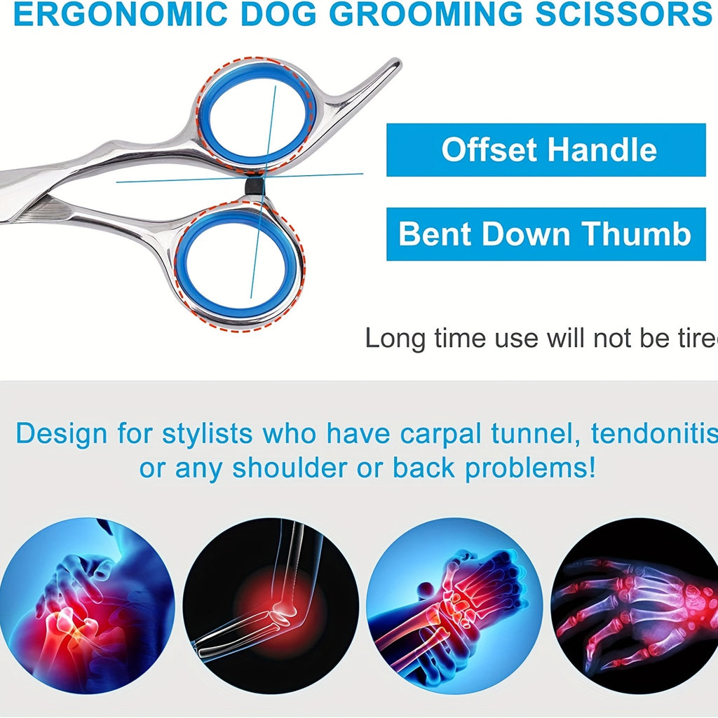 Pet grooming scissors set with safe, rounded tips. Curved stainless steel scissors, perfect for dogs and cats.