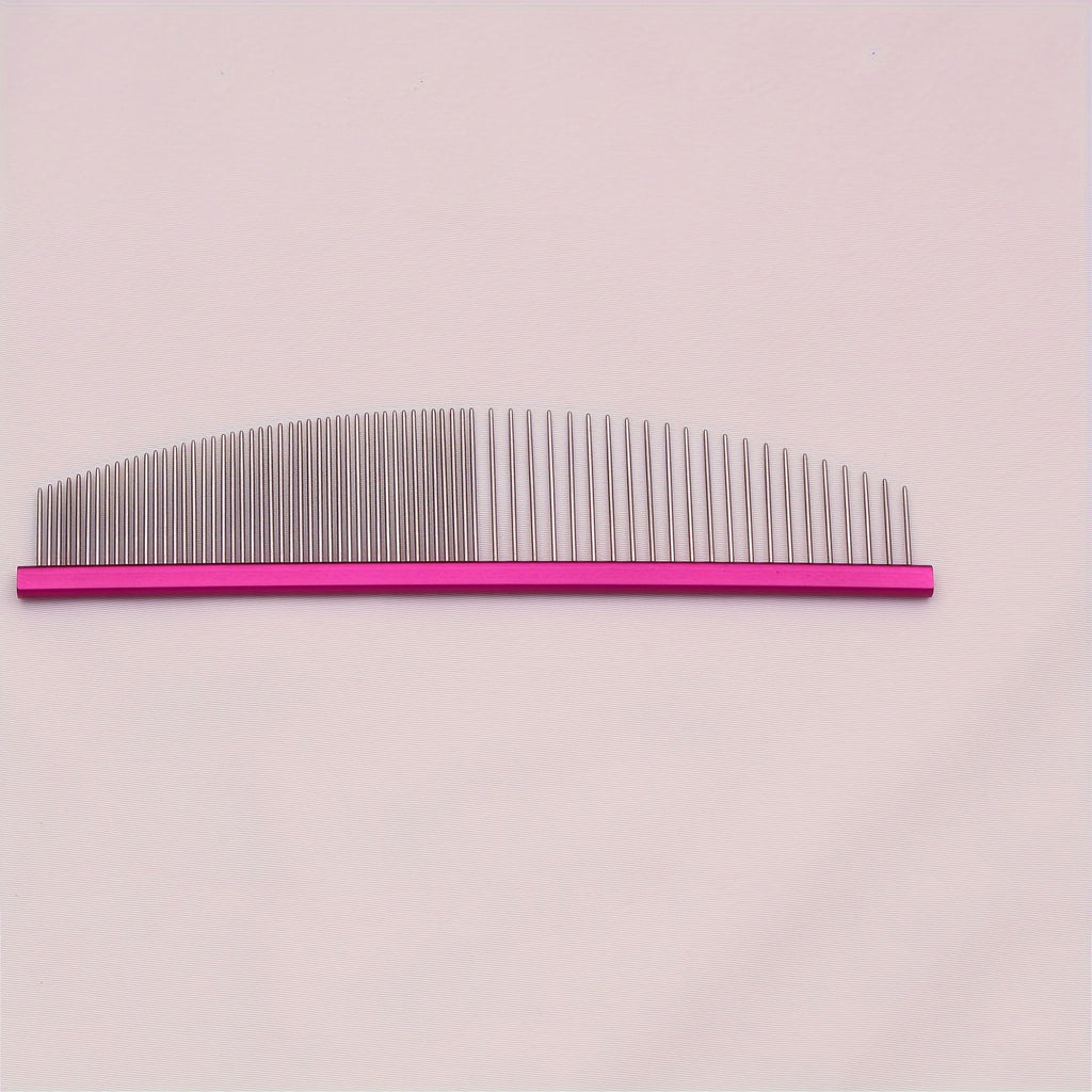 Stainless steel pet grooming comb. Aluminium handle, detangles knots and removes dead hair.