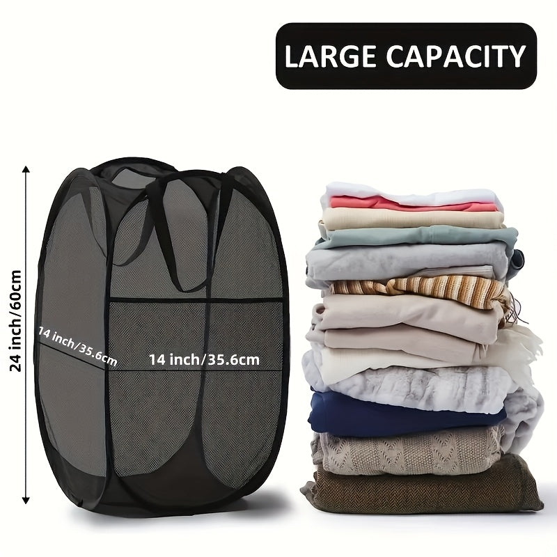 Panier à linge pliable en filet, grande capacité, poignées ergonomiques, idéal chambre, salle de bain ou salon, disponible noir ou rouge.