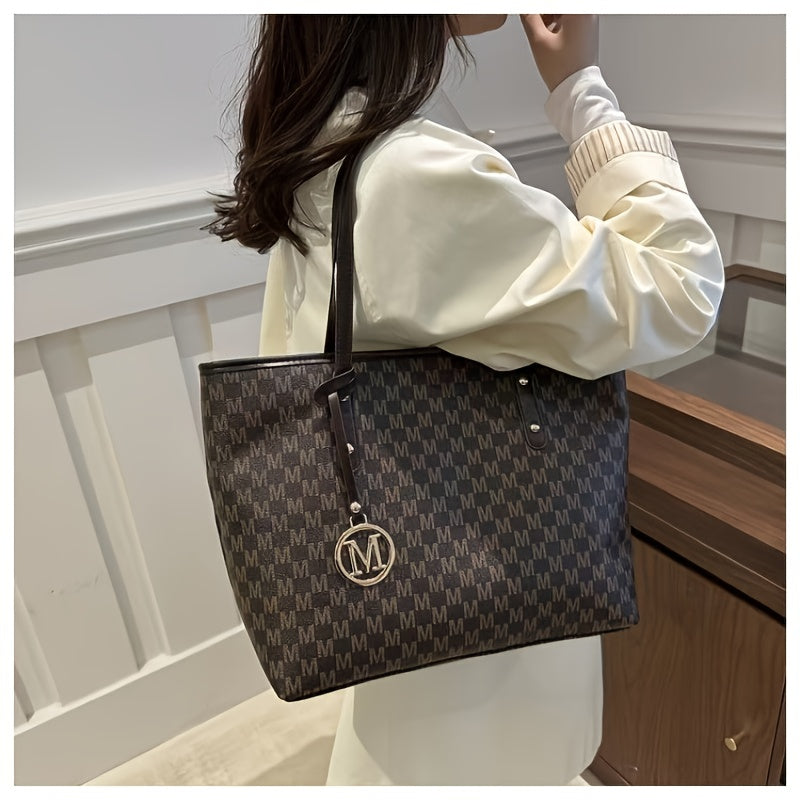 Large designer-inspired women's tote bag, geometric synthetic leather, removable gold chain shoulder strap, 'M' monogram, lightweight for office, school or shopping.