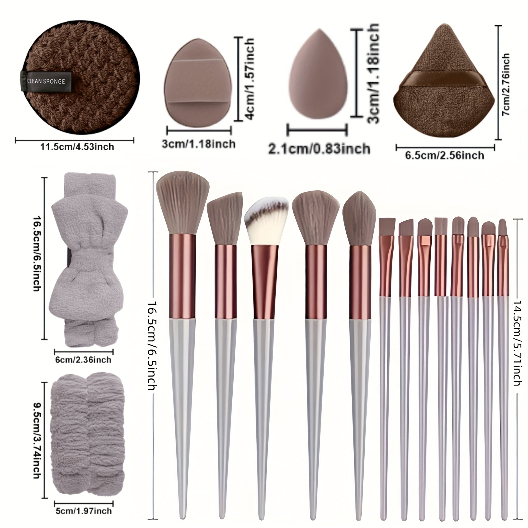 Professional 13/20/33 piece makeup set with accessories: nylon brushes, headband, sponges and accessories for precise and complete application.
