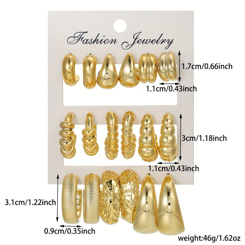 Set of 6 or 9 pairs of oversized C-shaped resin earrings, perfect for parties and feminine gifts.