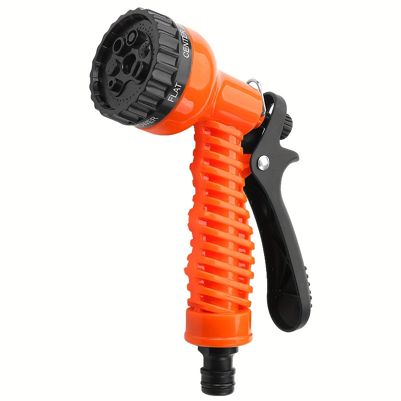 High pressure watering gun, adjustable nozzle, lightweight and durable plastic, ergonomic orange/black handle, ideal for lawns, cars and gardens.