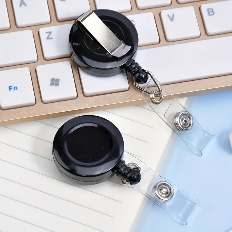 Lot de 2 lanières noires avec enrouleur rétractable et clip ID, accompagné de cartes verticales, parfait pour enseignants et bureaux.