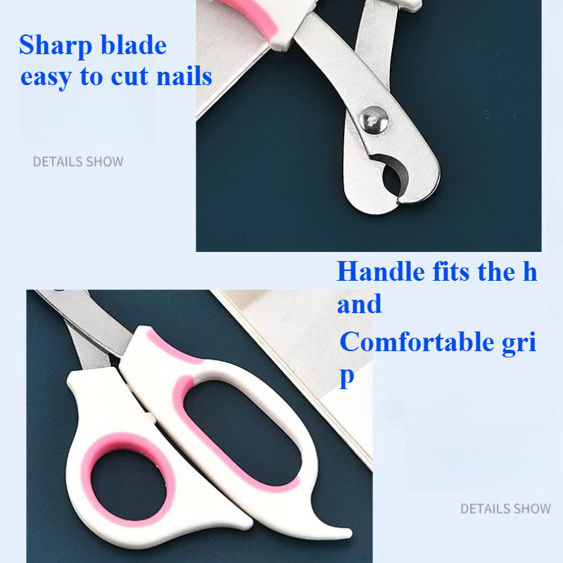 Pet nail clippers (pink/green). Stainless steel blades, comfortable grip, precise cutting, stable design for safe use.