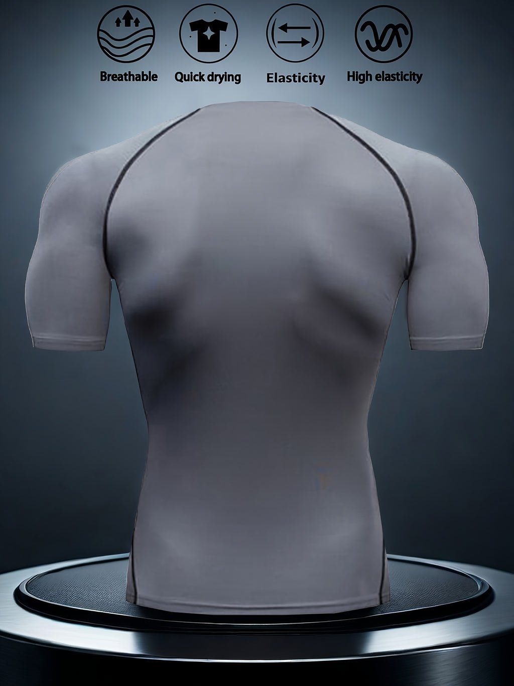 T-shirt compression homme, séchage rapide, tissu respirant et extensible, motif musculaire, maintien slim, idéal gym, cyclisme, boxe et entraînement.