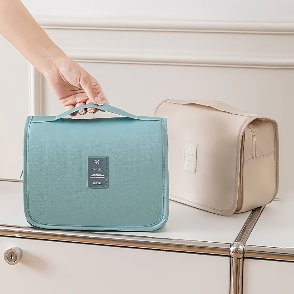 Trousse de toilette voyage grande capacité, tissu sergé résistant, crochet suspendu, fermeture éclair, intérieur spacieux, légère et anti-décoloration, idéale gym et déplacements.