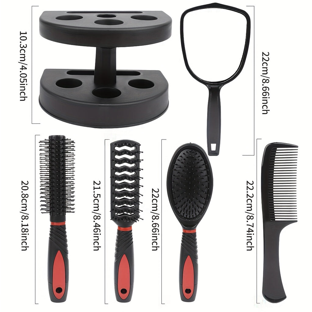Set coiffure professionnel 5 pièces : brosses démêlantes, peignes massage cuir chevelu et miroir, parfait pour styling complet.