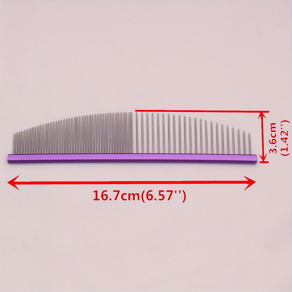 Stainless steel pet grooming comb. Aluminium handle, detangles knots and removes dead hair.