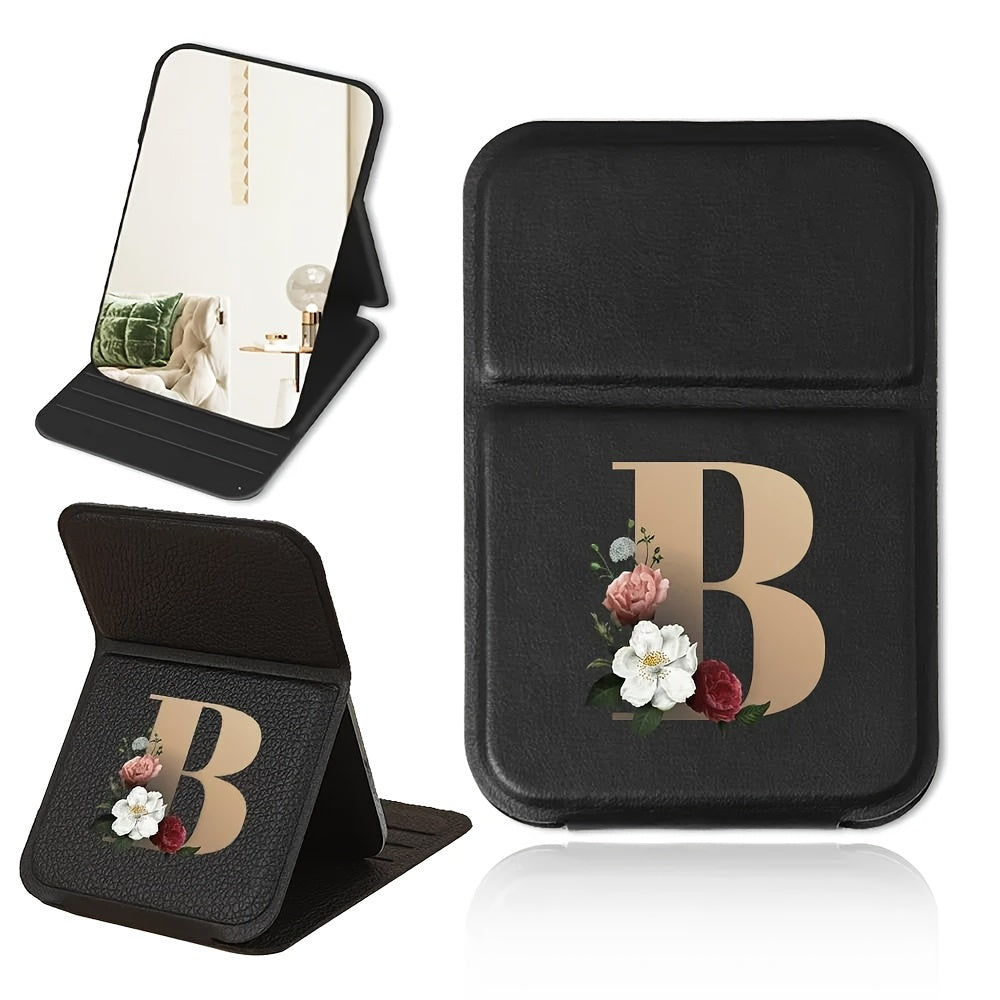 Portable folding makeup mirror, black and gold floral design, lightweight, waterproof and dustproof, perfect gift for teachers and loved ones.