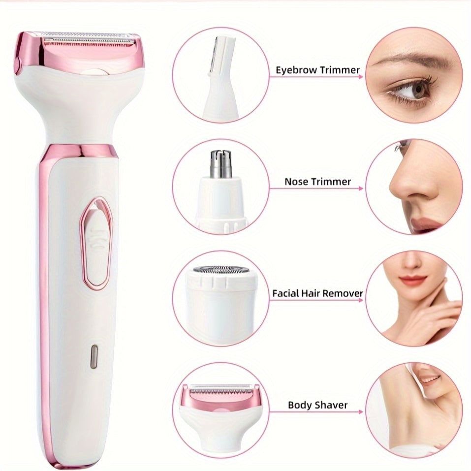 4-in-1 USB rechargeable epilator for women, face, eyebrows, nose and legs, compact design suitable for light skin tones, ideal for travel and as a gift.