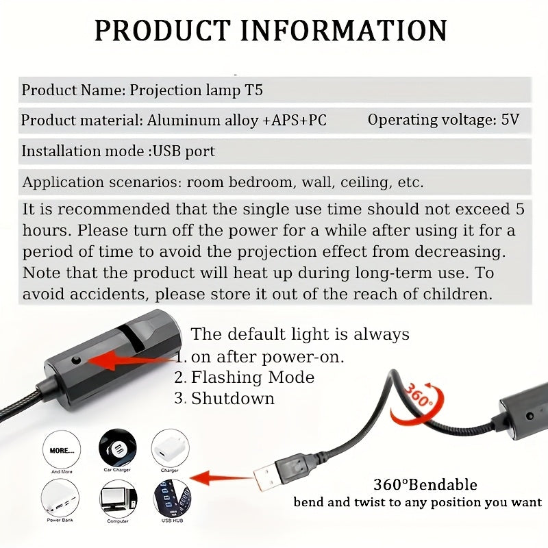 Set lampe LED projection lune 4 pcs 1 lumière principale + 3 couleurs (jaune, blanc, bleu), USB, portable, rotation 360°, idéale pour plafond, chambre ou décor événementiel.