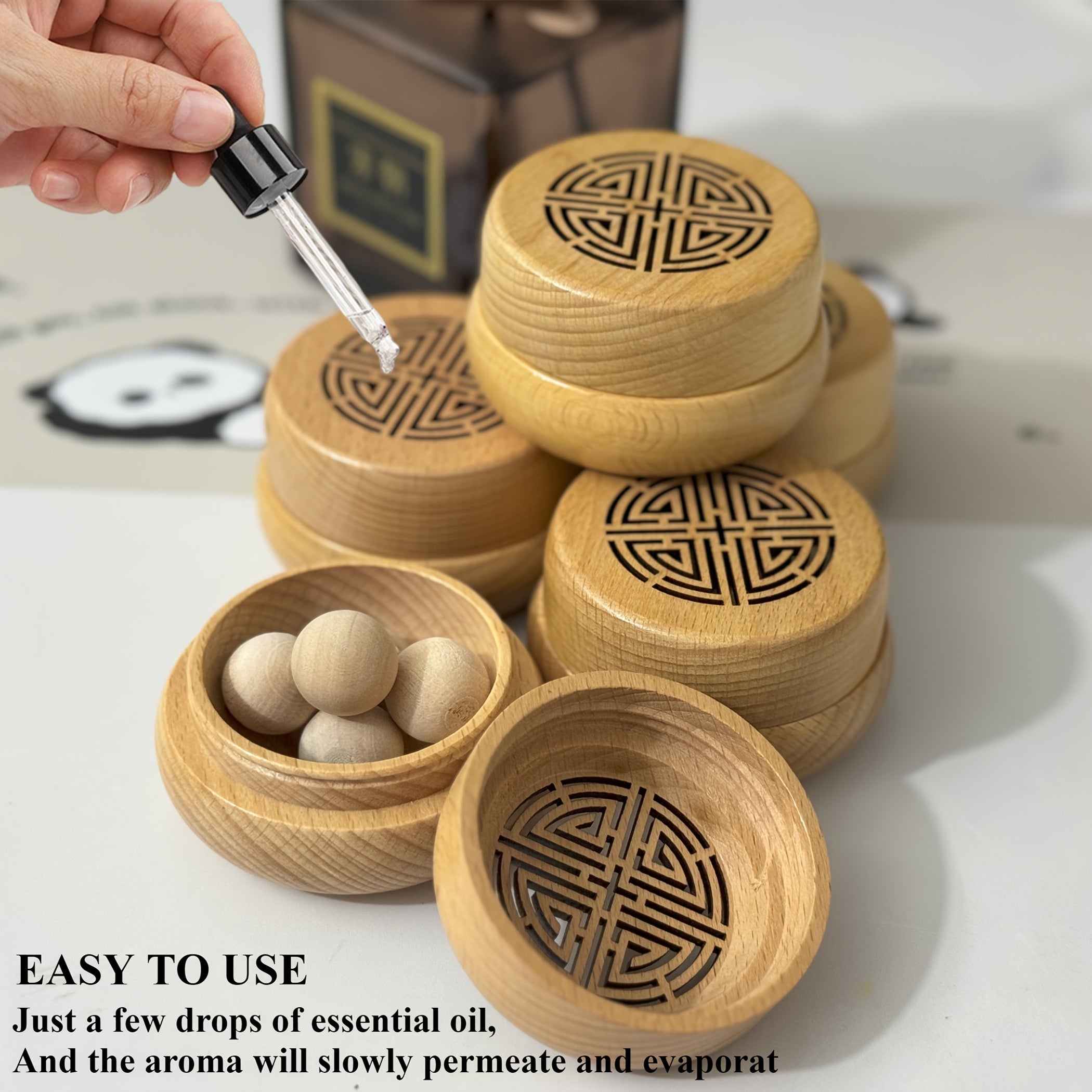 Wooden essential oil diffuser with incense box and balls, retro screw cap, long-lasting fragrance, home and car decor.