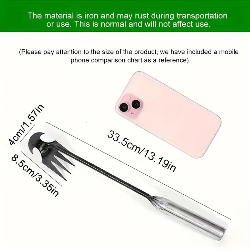 Outil de désherbage et de culture en fer, 4 dents ergonomiques, économe en effort, entretien gazon et jardin sans se pencher, poignée confortable.