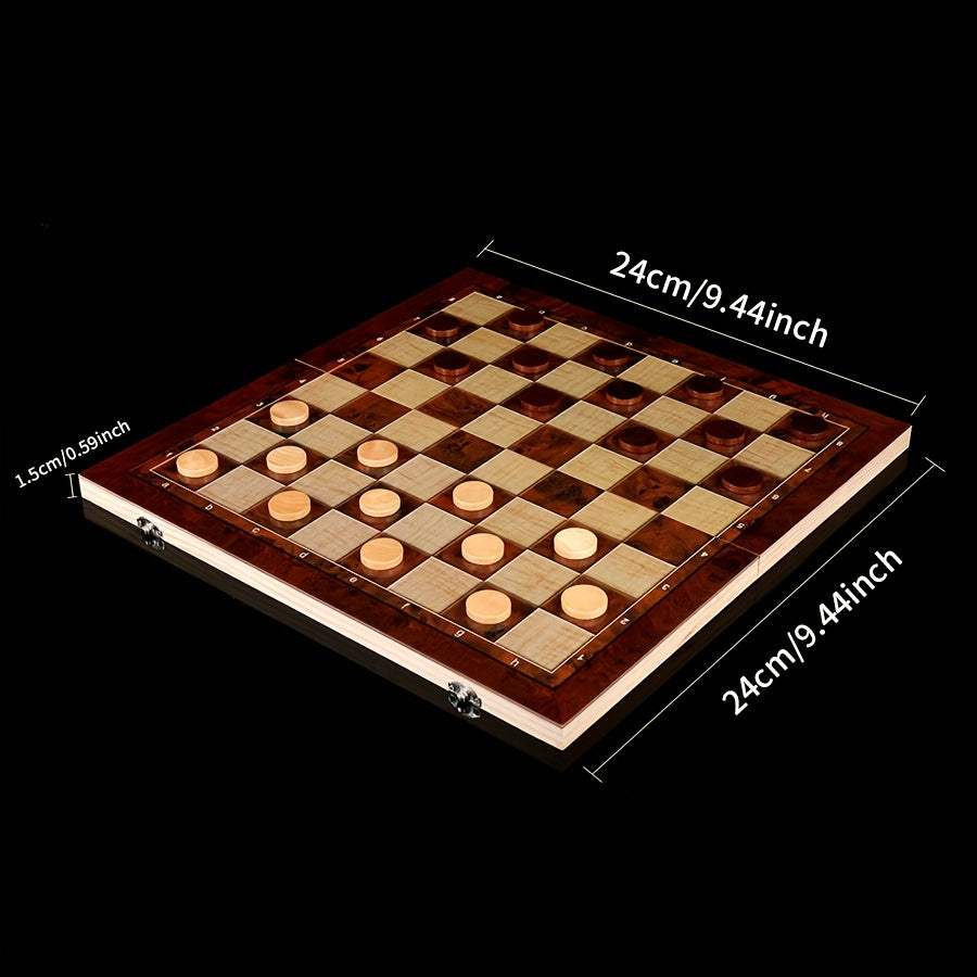 Wooden 3-in-1 chess set, foldable and portable, sizes 24 cm and 34 cm, ideal for games on the go.