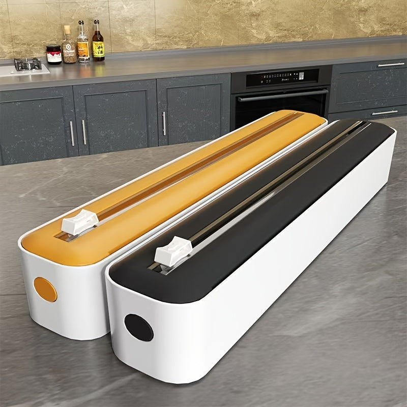Reusable double-action dispenser and cutter for plastic film, aluminum, baking paper and wax, modern white/black design with orange accents.