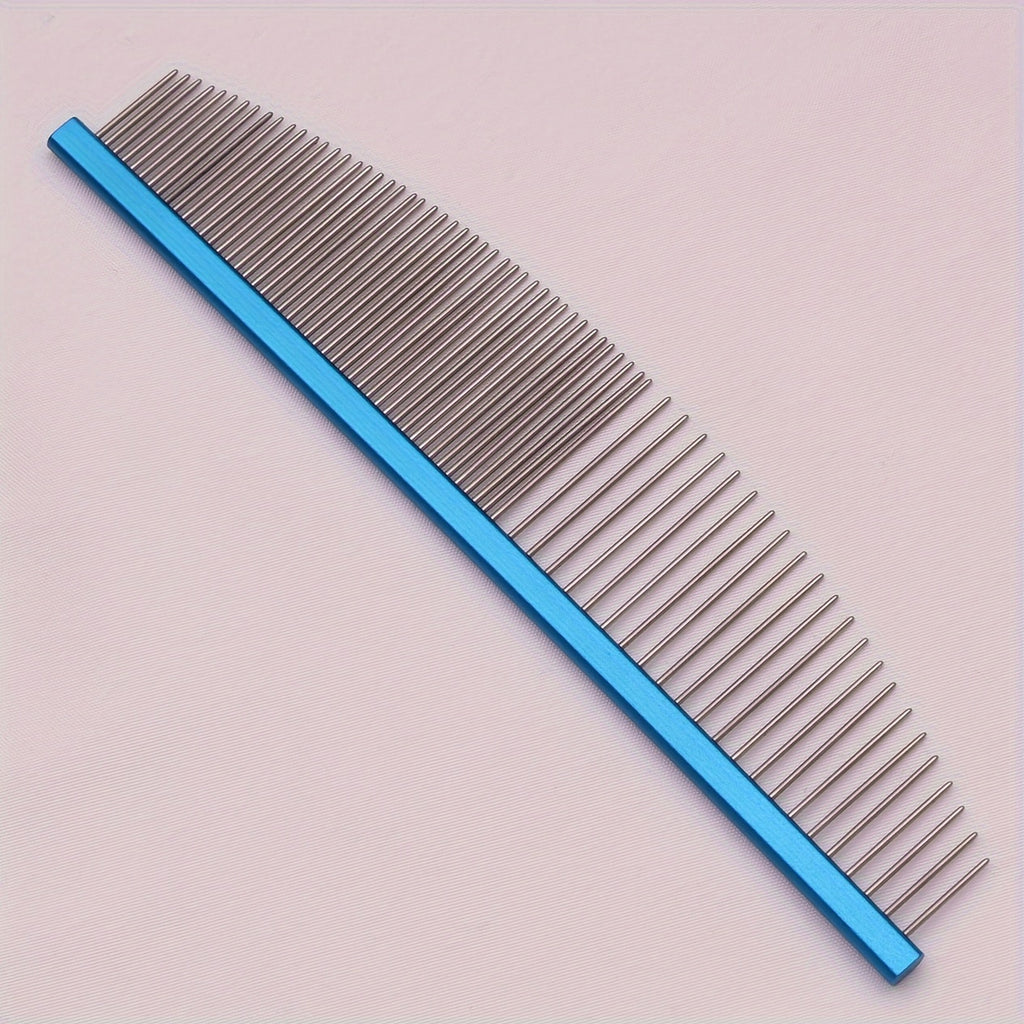 Stainless steel pet grooming comb. Aluminium handle, detangles knots and removes dead hair.