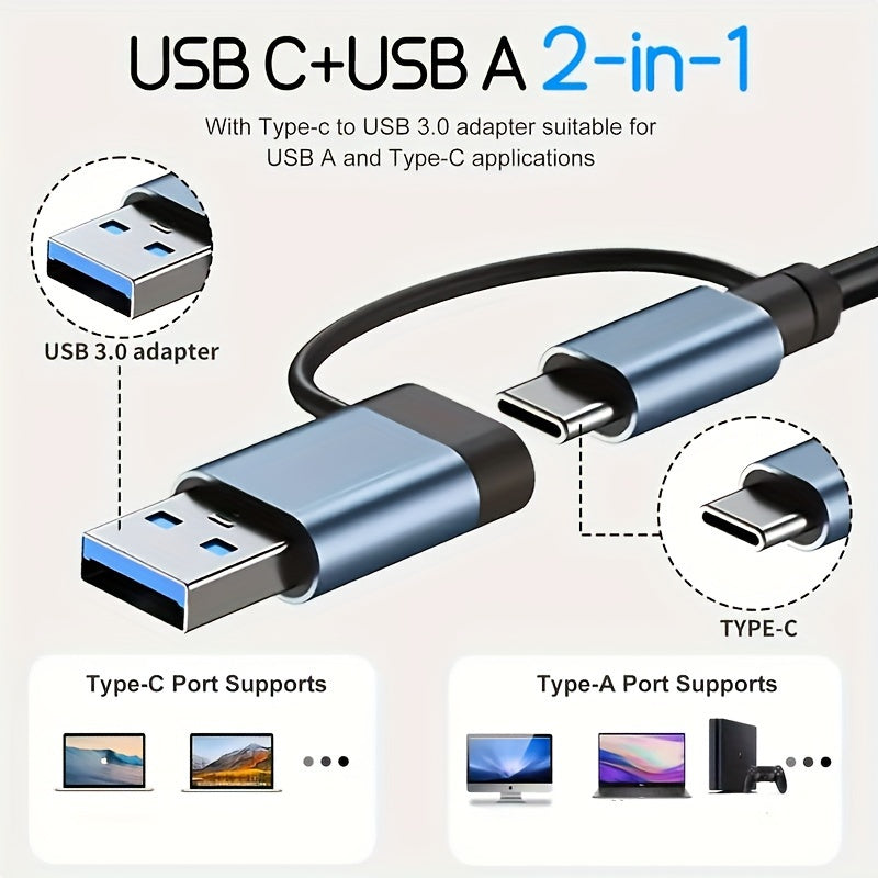 High-speed 7-in-1 USB 3.0 adapter, multiport expansion with Type-C and USB-A connectors, tablet compatible, 5V USB power supply.