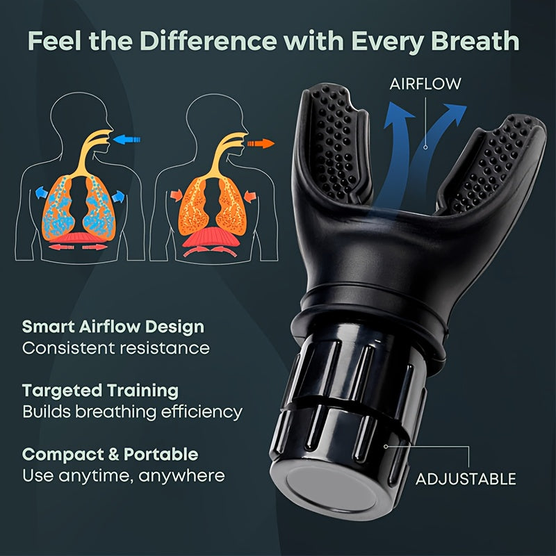 Adjustable breathing trainer with resistance levels, portable device to improve lung capacity, ideal for lung health, asthma and COPD.