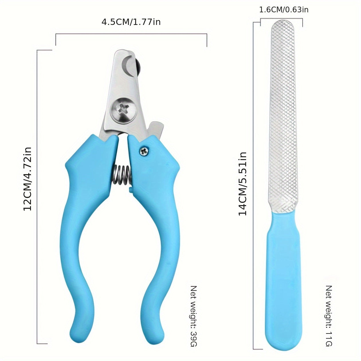 Pet nail clipper and file set (2 pieces). Non-slip handle, durable stainless steel, with guard and locking mechanism.