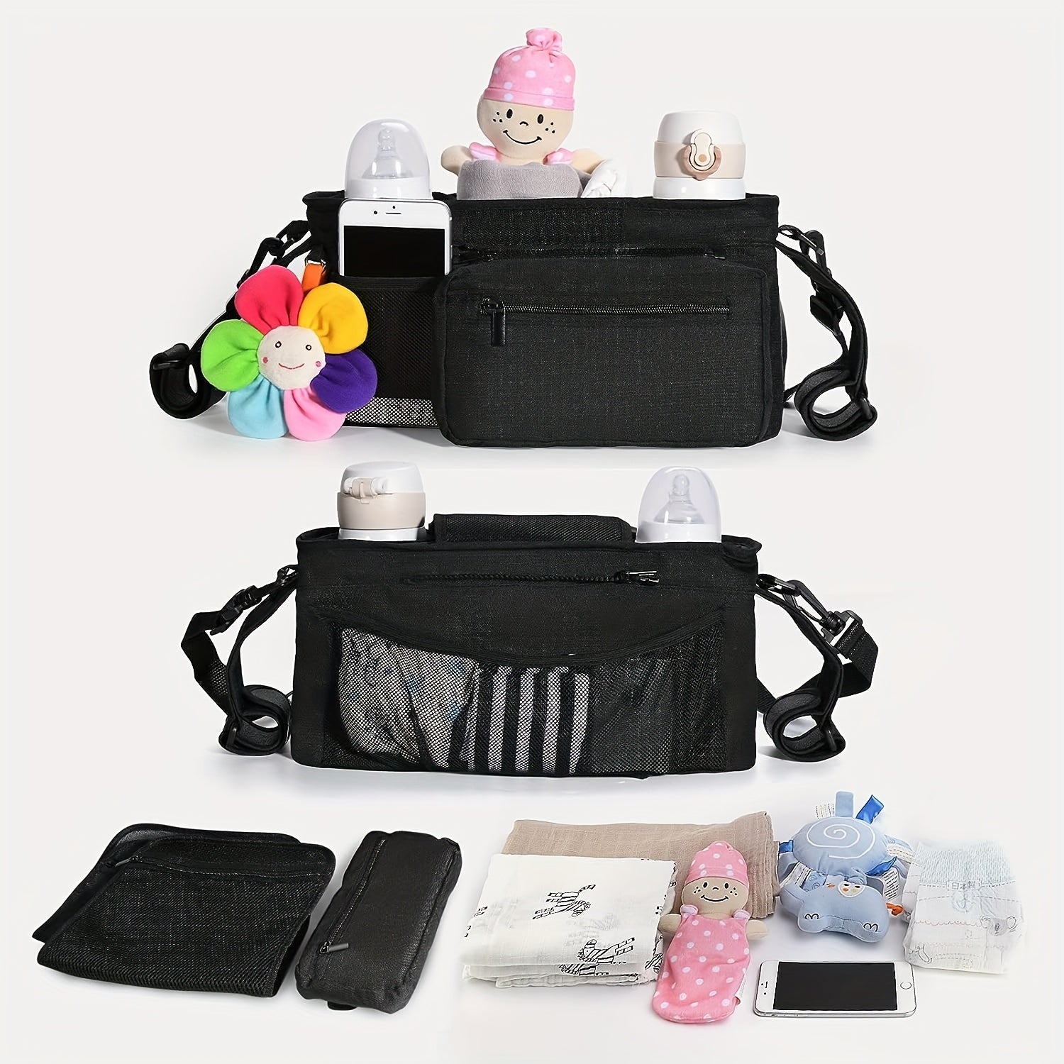 Hanging stroller bag, large capacity with multiple compartments, adjustable straps, convenient for diapers, bottles and toys when out and about.