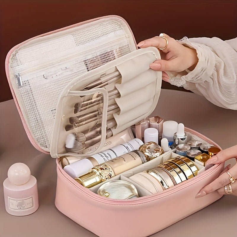 Trousse maquillage multi-couches détachable, grande capacité, rangement pinceaux, portable et légère, idéale pour cosmétiques essentiels en voyage, hommes et femmes.