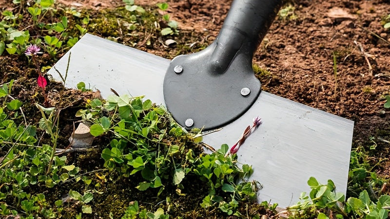 Multifunctional steel garden shovel, robust flat blade with integrated rake, ideal for weeding, lawn edging, digging and ice removal.