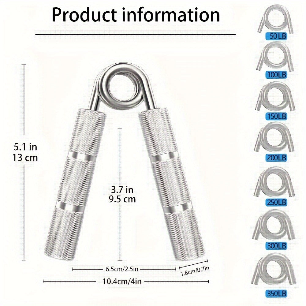 Metal hand gripper 22.68 to 158.76 kg, trains wrists and forearms, strengthening grip and hand muscles.