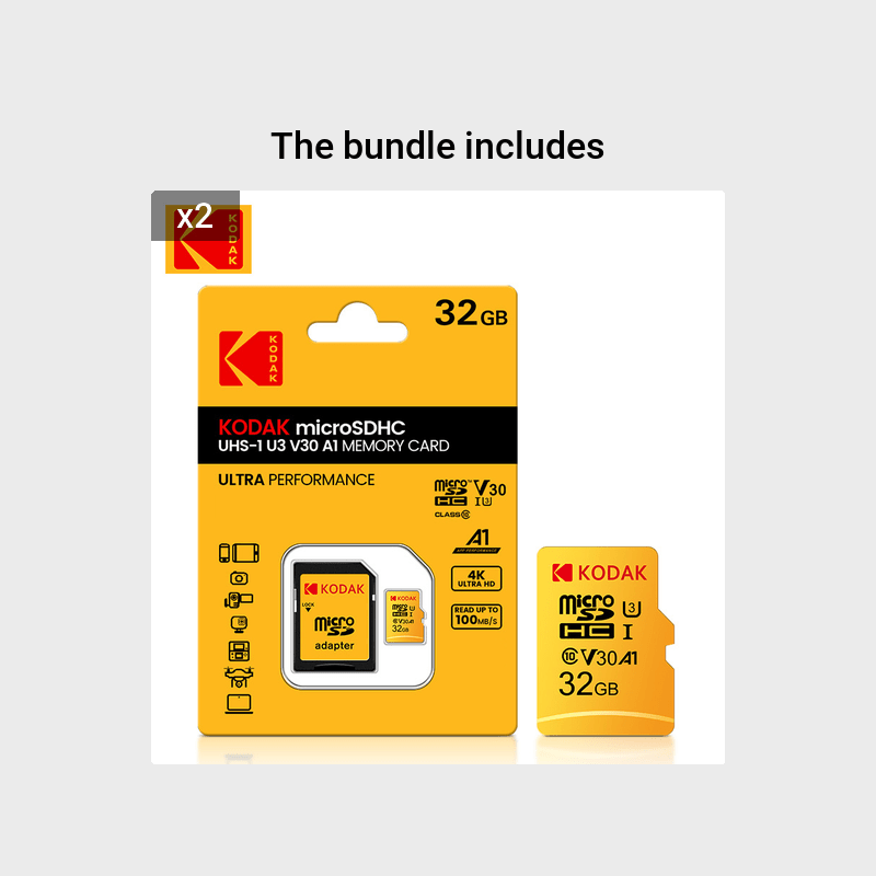 Carte Mémoire Kodak Micro TF U3 : Capacités 32 à 256 Go avec adaptateur SD, UHS-I haute vitesse, idéale 4K/120fps, compatible smartphones et caméras.