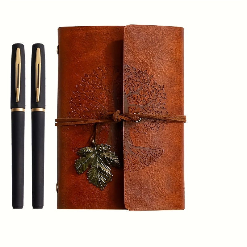 3-piece set: vintage spiral notebook in PU leather and 2 black and gold gel pens, tree design, ideal for writing, sketching and travel.