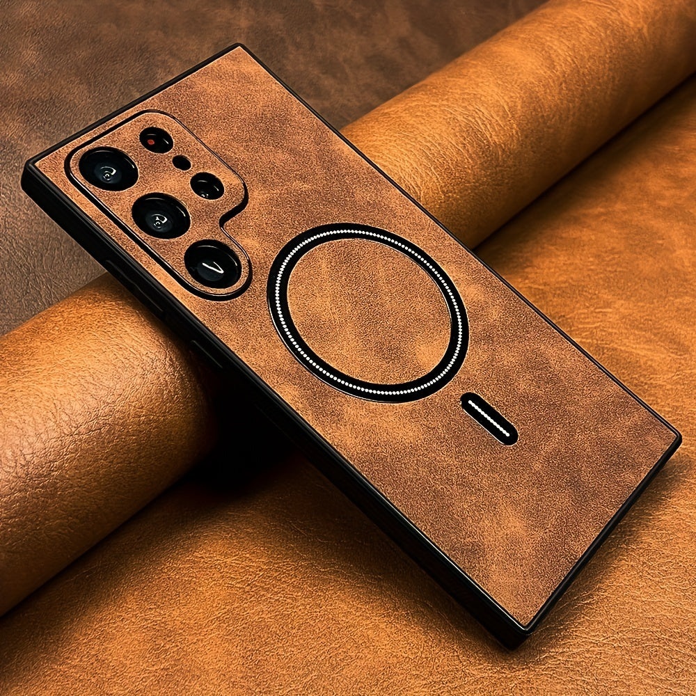 Luxury retro PU leather case for Samsung Galaxy, shockproof, compatible with wireless charging, elegant matte finish, premium protection and sophisticated design.