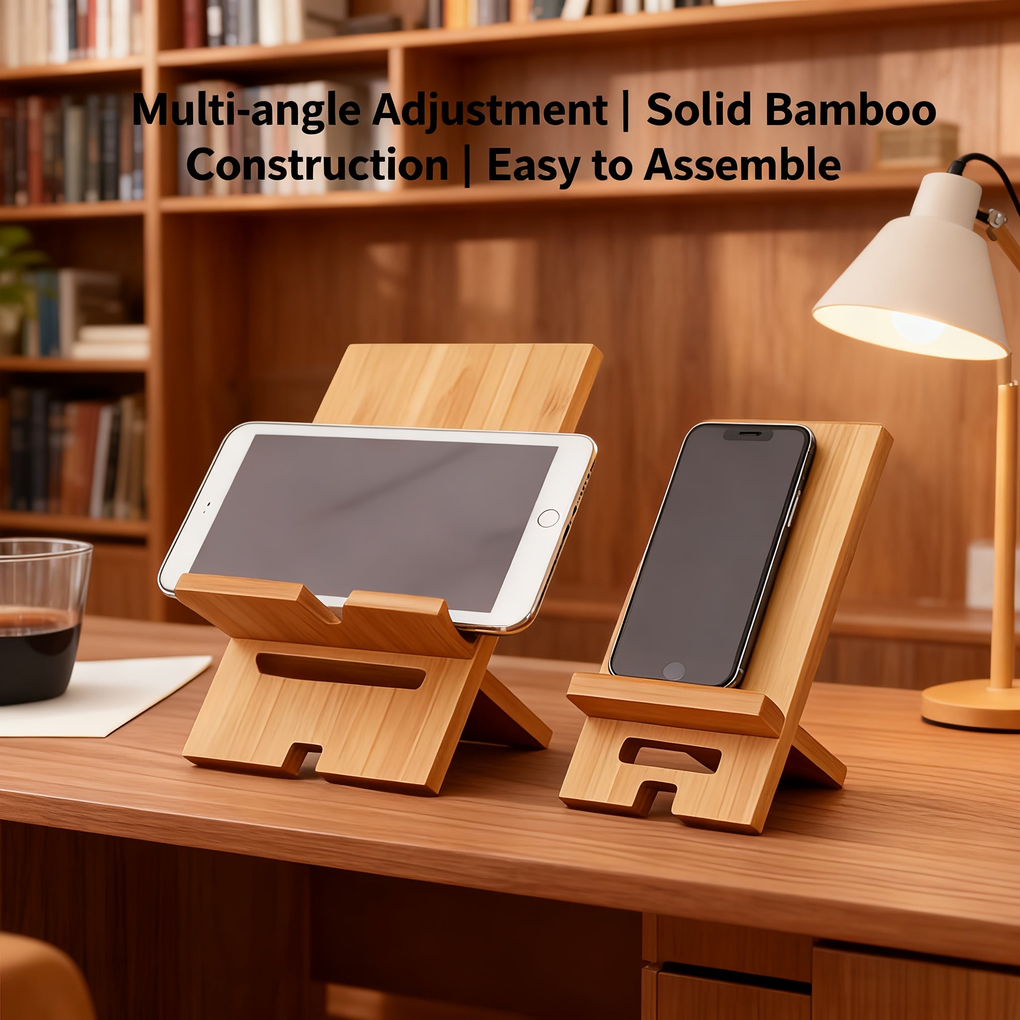 Support téléphone en bambou naturel, portable et détachable, design minimaliste, durable et élégant, organise bureau ou espace de travail, idéal maison, école, cadeau.