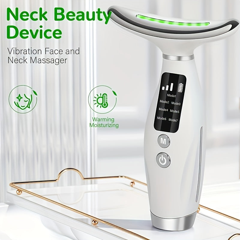 Appareil rechargeable visage et cou, 7 modes, massage vibrant et chauffant, USB, design ergonomique, idéal soins à domicile et cadeau beauté.