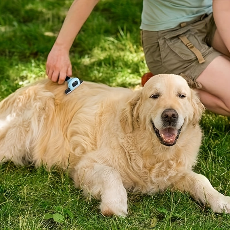 Professional pet deshedding brush. Reduces hair by 95%, ergonomic, electricity-free, blue and black design, for all breeds.