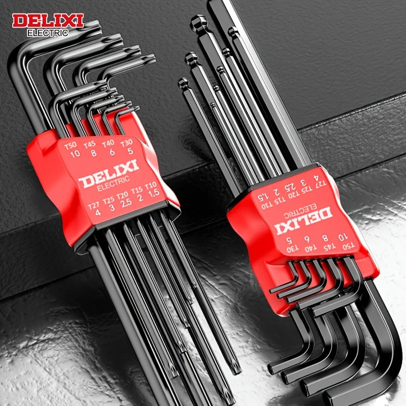 Extra long hex key set with ball ends and Torx, comfortable handle, durable metal, ideal for bike repair and DIY projects.