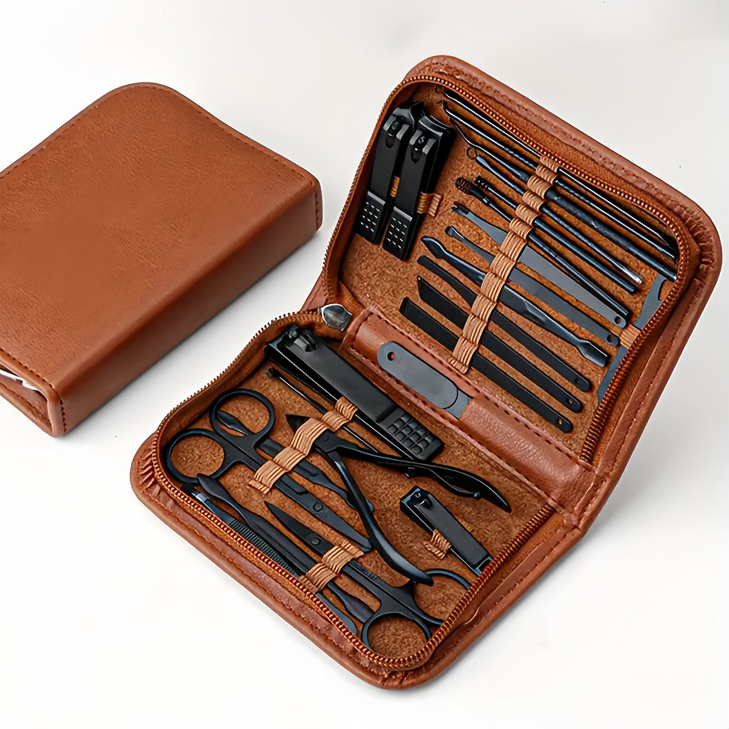 Set manucure-pédicure 26-en-1 en acier noir, outils pliables complets avec étui imitation cuir, pour soins des ongles hommes et femmes.