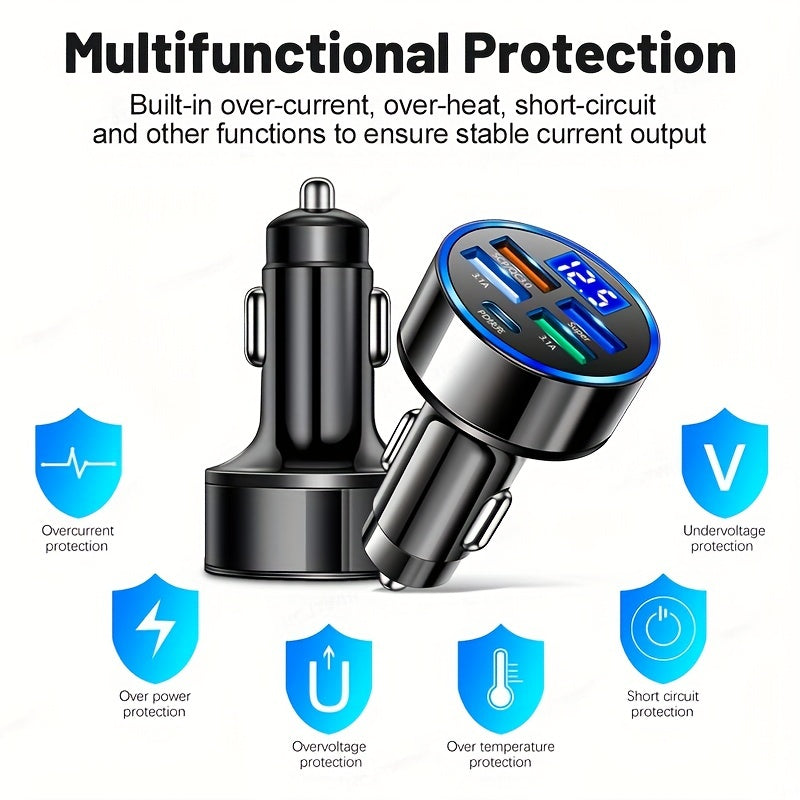 Chargeur voiture 4 ports PD + QC 3.0, recharge ultra-rapide USB/Type-C, compatible multi-appareils, délivrant une puissance stable et sécurisée en déplacement.
