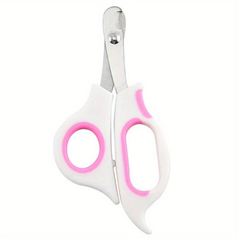 Pet nail clippers (pink/green). Stainless steel blades, comfortable grip, precise cutting, stable design for safe use.