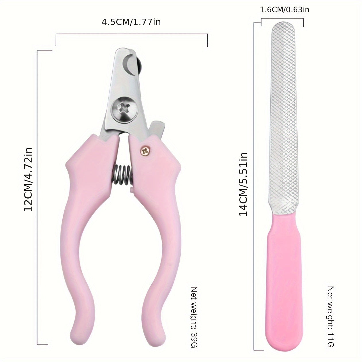 Pet nail clipper and file set (2 pieces). Non-slip handle, durable stainless steel, with guard and locking mechanism.