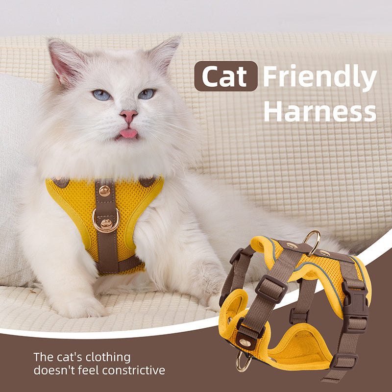 Harnais et laisse haut de gamme pour chats et chiens, maillage respirant, résistant, rivets décoratifs, D-ring doré, idéal promenades et entraînement.