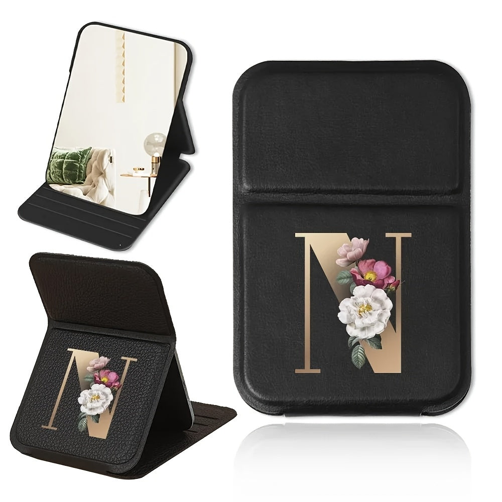 Portable folding makeup mirror, black and gold floral design, lightweight, waterproof and dustproof, perfect gift for teachers and loved ones.