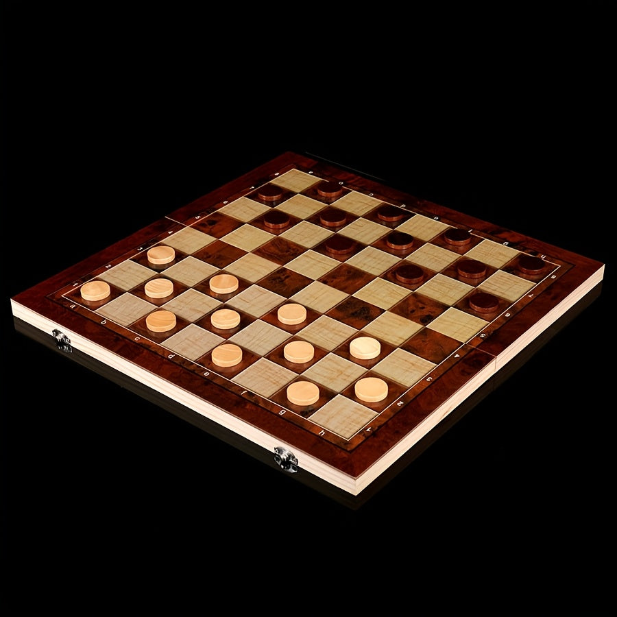 Wooden 3-in-1 chess set, foldable and portable, sizes 24 cm and 34 cm, ideal for games on the go.