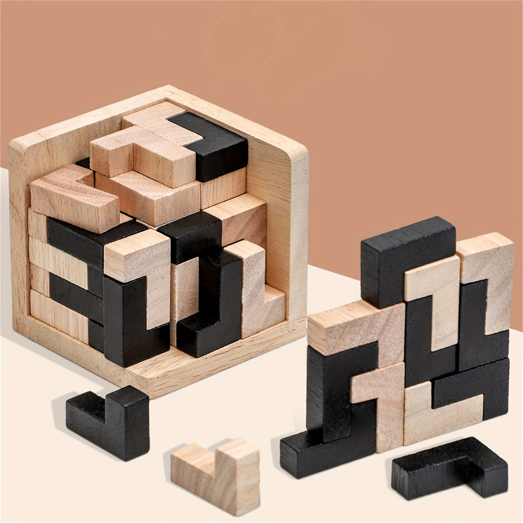 Set of 54 3D Brain Teaser wooden cube games. Perfect gift for brain training, Christmas, birthdays, and Halloween decorations.