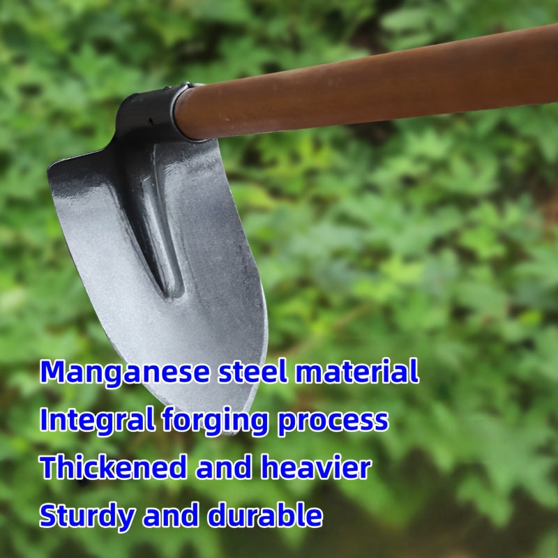 Heavy-duty, thickened manganese steel garden spade with ergonomic handle and durable construction, ideal for intensive outdoor work.