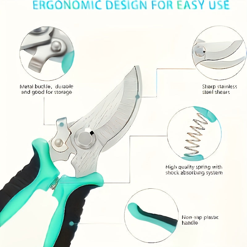 Sécateur de jardin pratique avec poignée verte et noire ergonomique, mécanisme à ressort facilitant ouverture et fermeture pour un usage confortable.