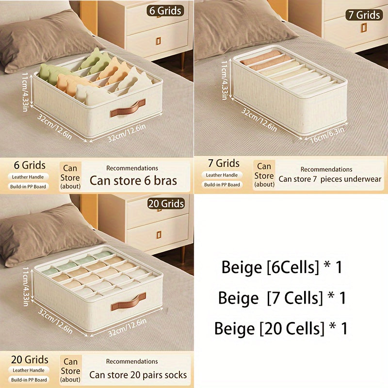 Organisateur de tiroir beige pliable avec poignées rose doré, empilable, en tissu, pour chaussettes, sous-vêtements, cravates et accessoires, solution moderne pour placard.