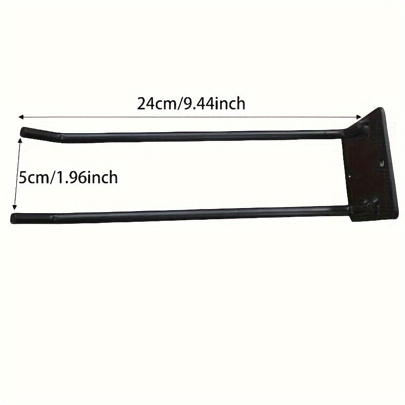 Sturdy iron wall-mounted rack, versatile storage for garage and garden, for shovels, rakes and brooms, space saving, black metallic finish.