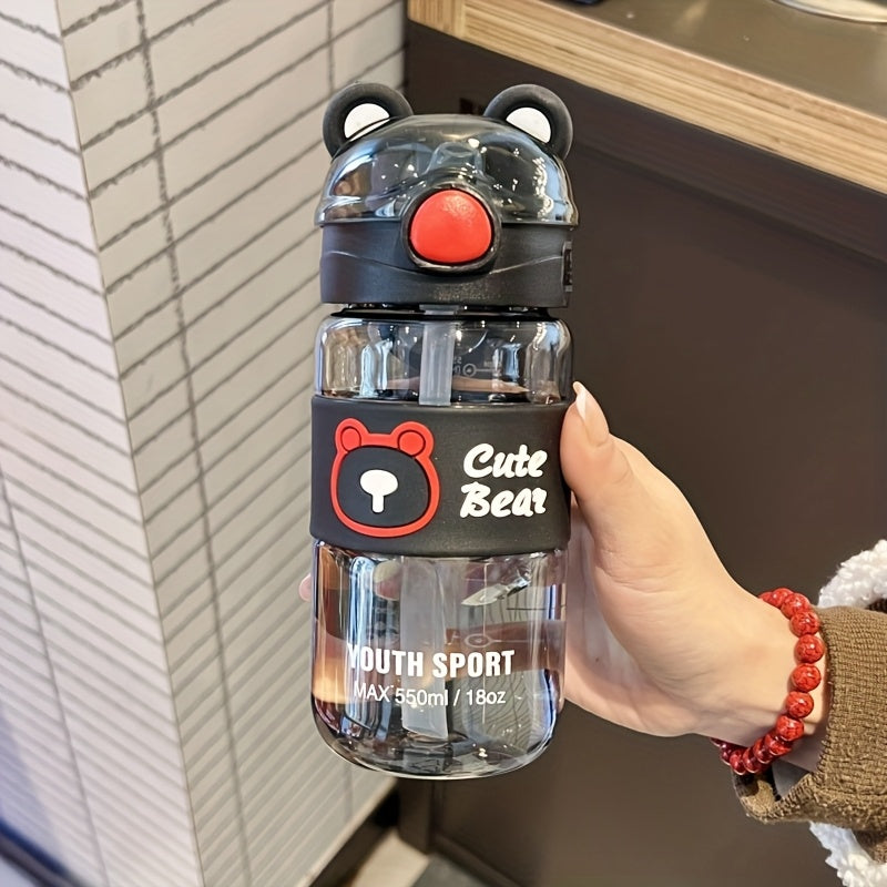 Gourde portable 550/650 ml ours cartoon avec paille et poignée, idéale pour école, sport, voyage et boissons été/hiver, parfait cadeau.