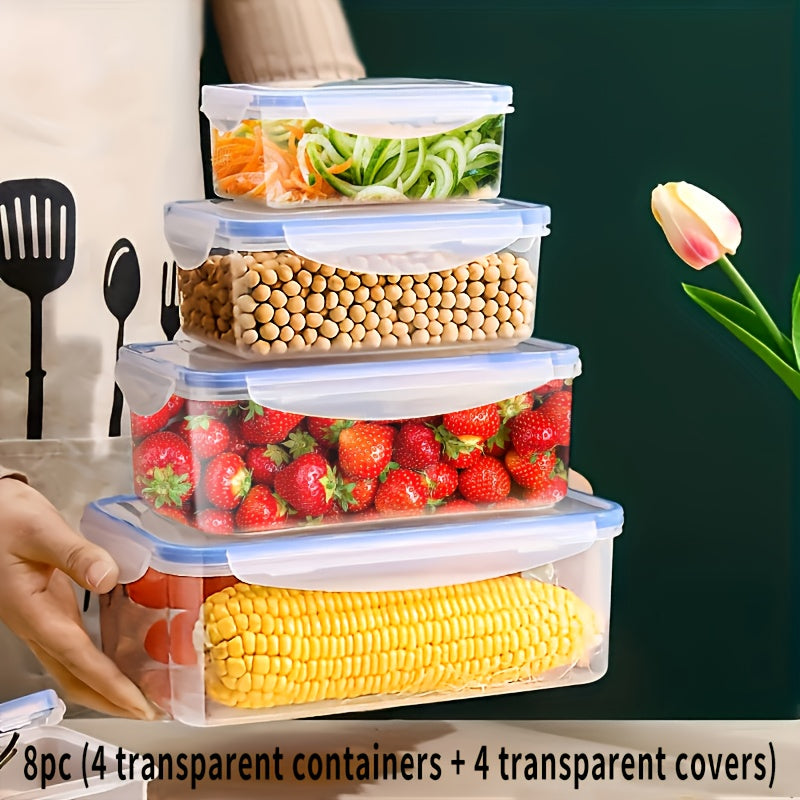 Set de 8 boîtes repas plastiques rectangulaires, 4 tailles, couvercles flip-top, réutilisables, micro-ondes et congélateur, anti-odeur, parfait pour légumes, fruits et snacks.