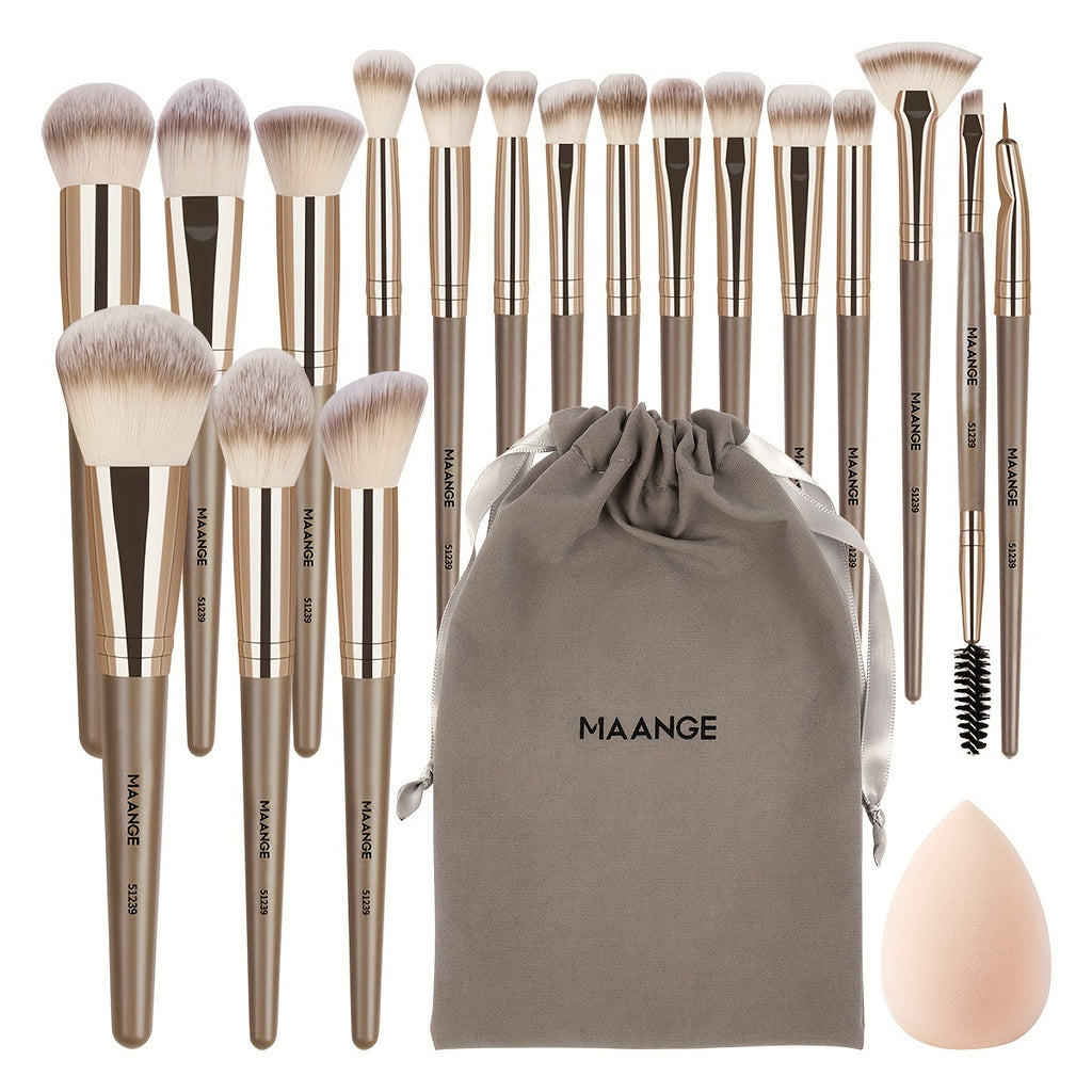 Set professionnel MAANGE 20 pièces : 18 pinceaux doux, sac flanelle et éponge maquillage, pour fond de teint, yeux, correcteur et liner.